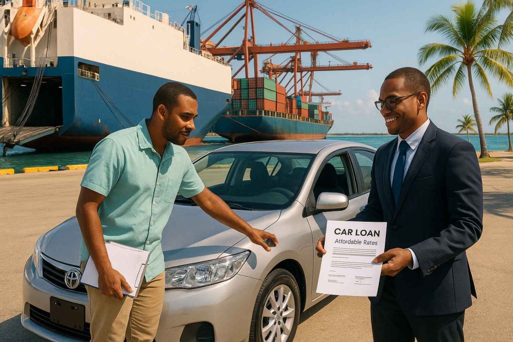 A Caribbean car buyer standing at a port,