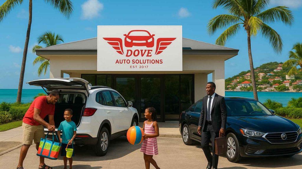 An inviting scene in Bishop, Grenada, featuring a Dove Auto Solutions car rental moment.