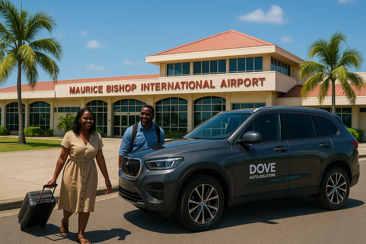 Maurice Bishop International Airport in Grenada on a bright, sunny day.