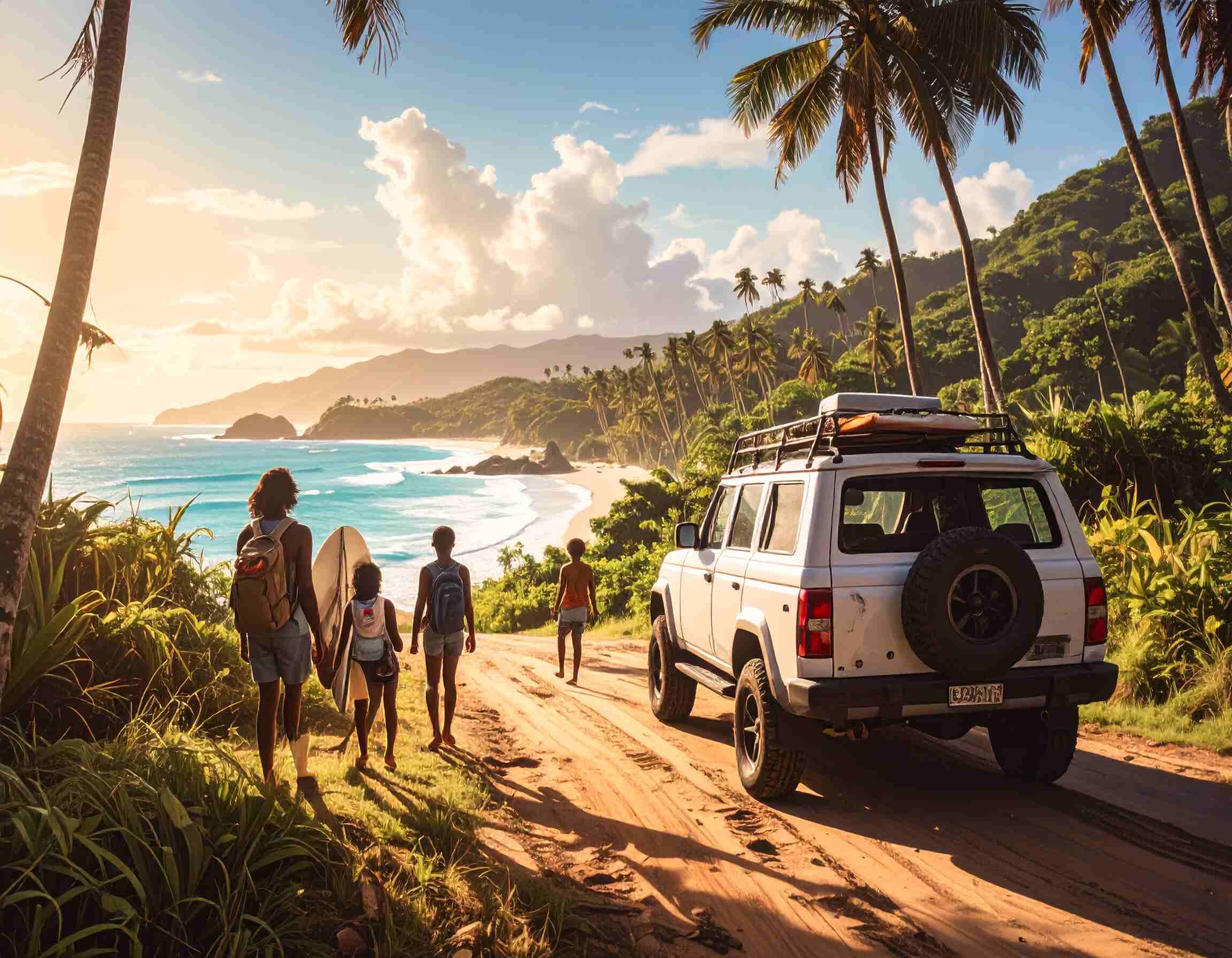 A white Nissan X-Trail parked on a scenic Grenadian coastal road, family with backpack