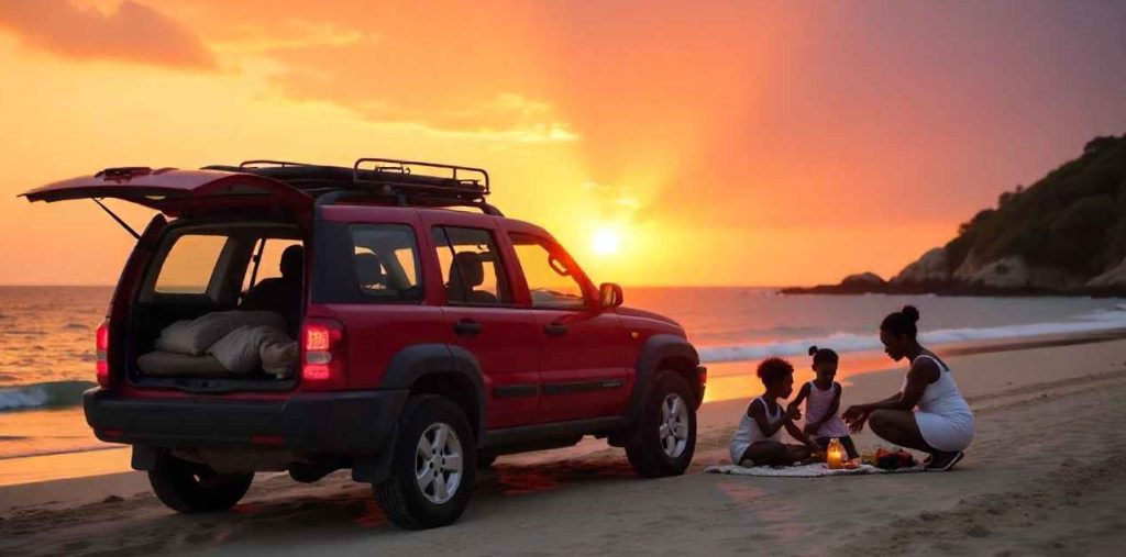 a-black-family-in-a-red-suv-parked-on-grand-anse-beach