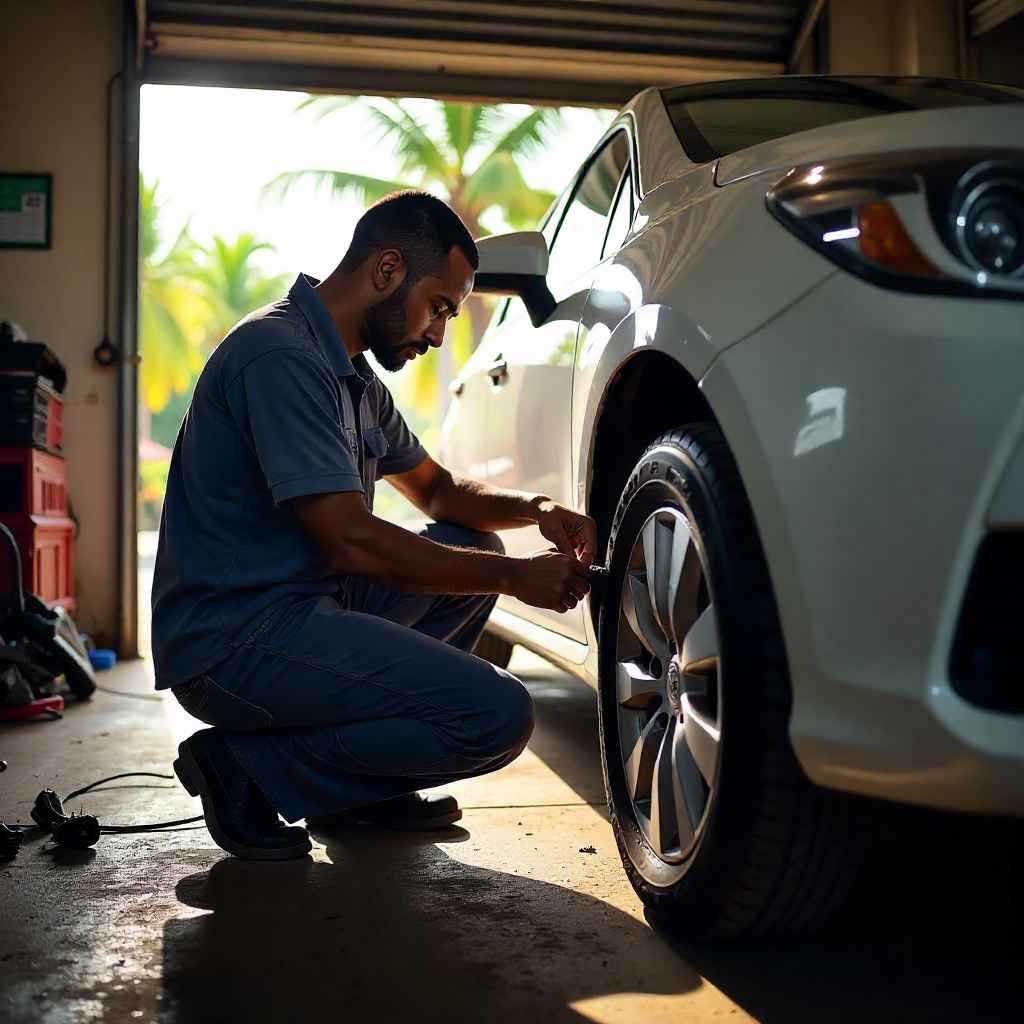 mechanic performing routine maintenance on a modern Japanese car 