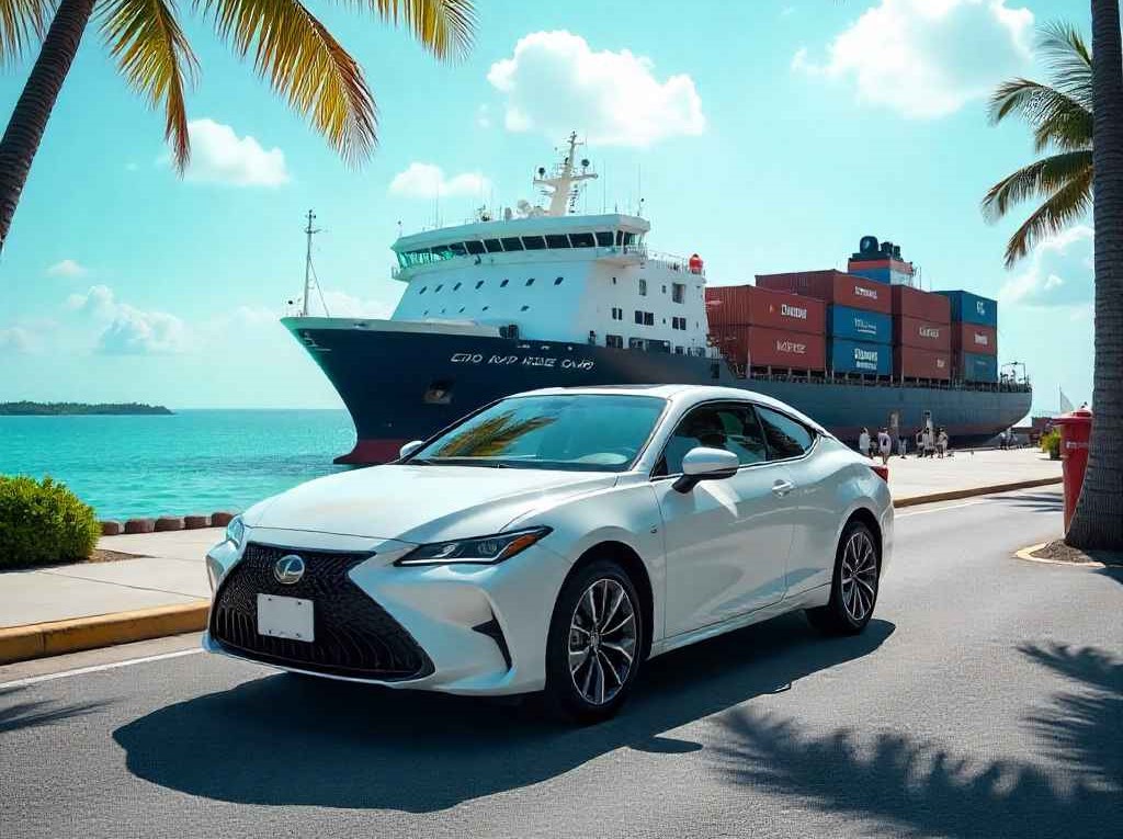 A modern Japanese car being unloaded at a Caribbean port.