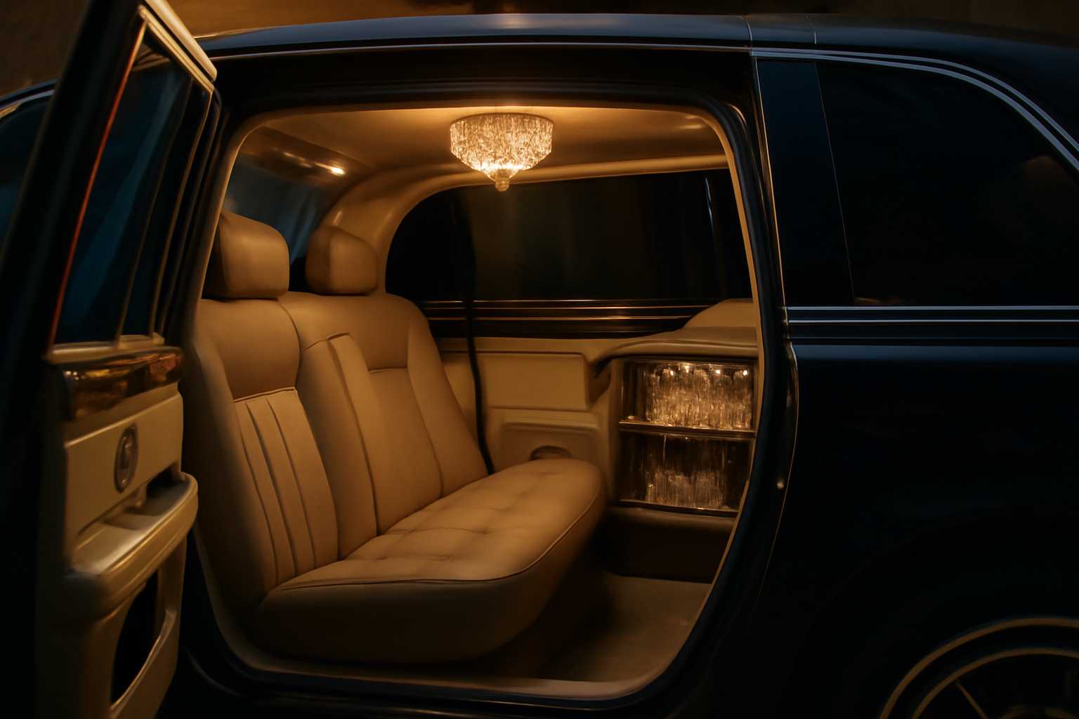A close-up shot of a luxurious limousine or vintage wedding car with its door open