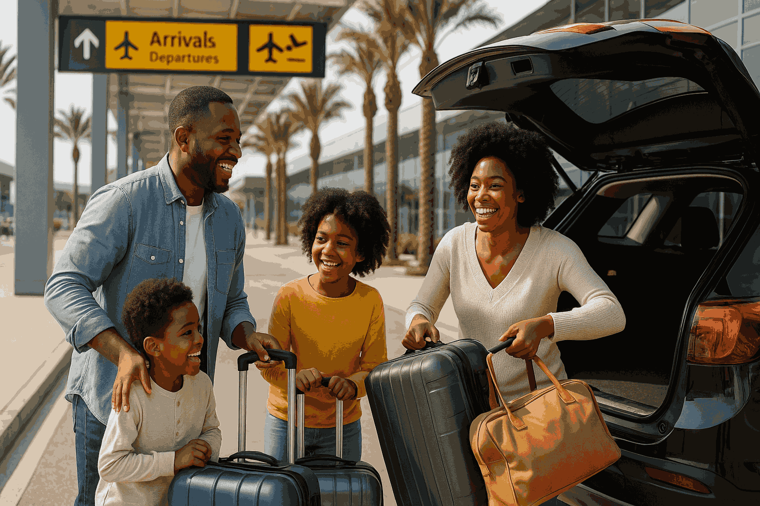 family loading luggage in there airport rental car