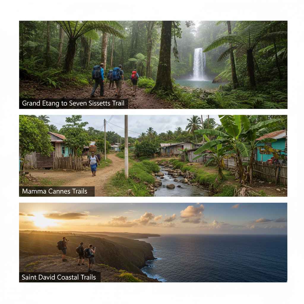 Best hiking trails in Saint David, Grenada – rainforest hike from Grand Etang to Seven Sisters Falls, cultural Mamma Cannes village paths with streams, and rugged coastal trails with sunset ocean views.