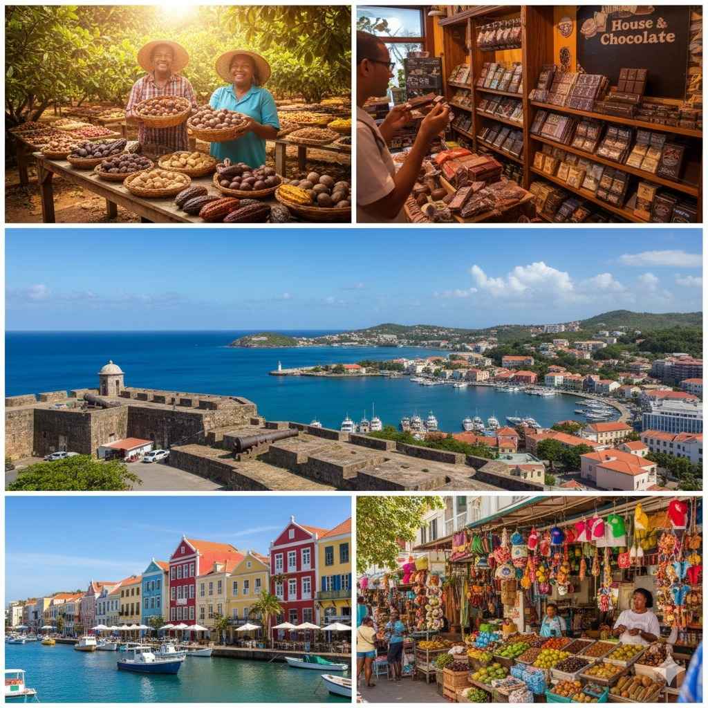 A cultural collage of Grenada’s spice heritage and history, with nutmeg plantations, Fort George, and colorful Carenage waterfront. Includes the House of Chocolate in St. George’s and Market Square filled with spices and crafts.