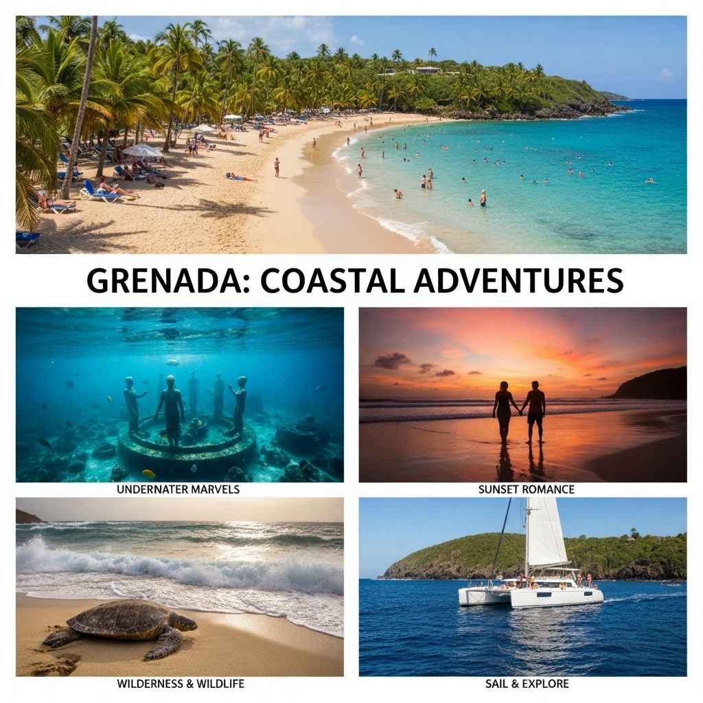 A vibrant collage of Grenada’s coastal adventures with Grand Anse Beach, Magazine Beach at sunset, and Levera Beach with nesting turtles. Includes snorkelers at the Moliniere Underwater Sculpture Park and a catamaran sailing along hidden tropical bays.