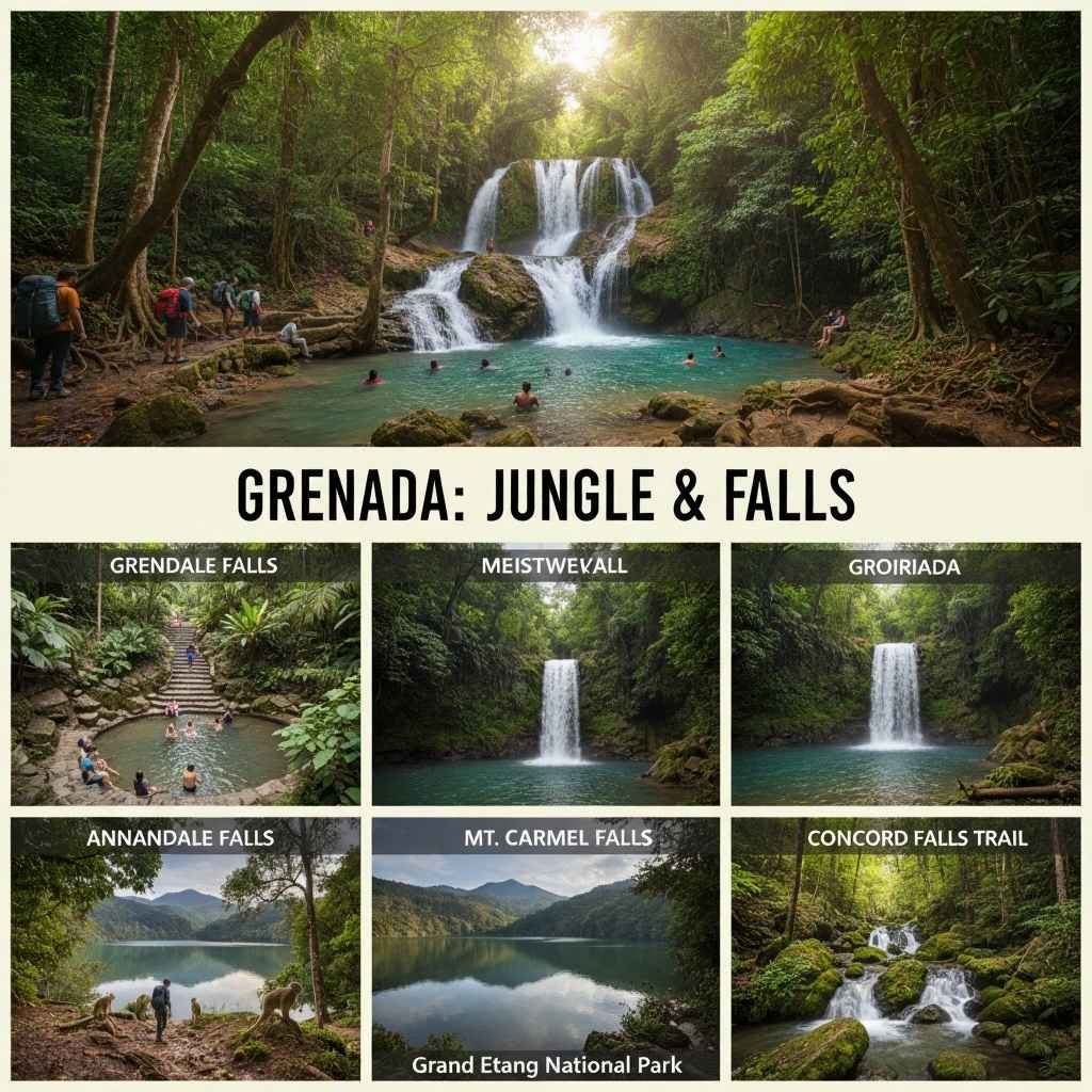 A lush rainforest collage of Grenada’s waterfalls and hiking spots, featuring Seven Sisters, Annandale, Mt. Carmel, and Concord Falls. Grand Etang National Park shown with crater lakes, hiking trails, and playful Mona monkeys.