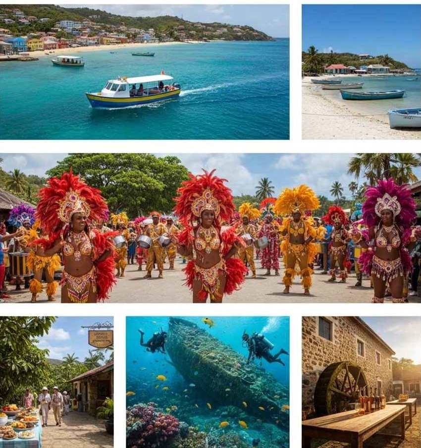 A vibrant collage of Grenada’s unique adventures, from Carriacou Island and Carnival parades to the Bianca C shipwreck dive. Includes a water taxi to Grand Anse, Belmont Estate cocoa tours, and River Antoine Rum Distillery.