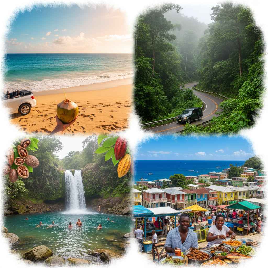 A vibrant portrait collage of Grenada’s scenic drives. Top left: Grand Anse Beach with golden sand, turquoise water, a parked rental car, and a hand holding a coconut. Top right: an SUV driving through misty rainforest roads toward Grand Etang National Park. Bottom left: Annandale Falls with people swimming in a natural pool, fresh cocoa pods in the foreground. Bottom right: colorful Caribbean houses and locals enjoying food at a coastal village festival.