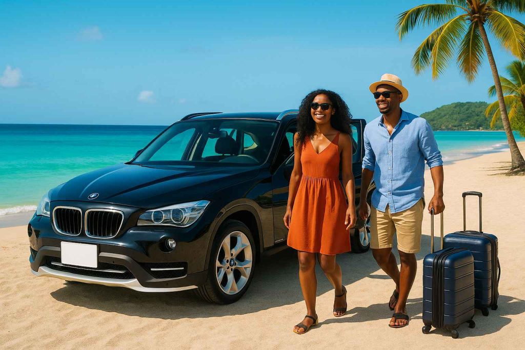 Grenada luxury car rental SUV at Grand Anse Beach with travellers enjoying the Caribbean