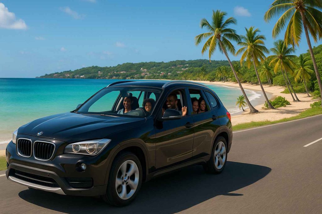 Luxury SUV with executive car service in Grenada driving near Grand Anse Beach