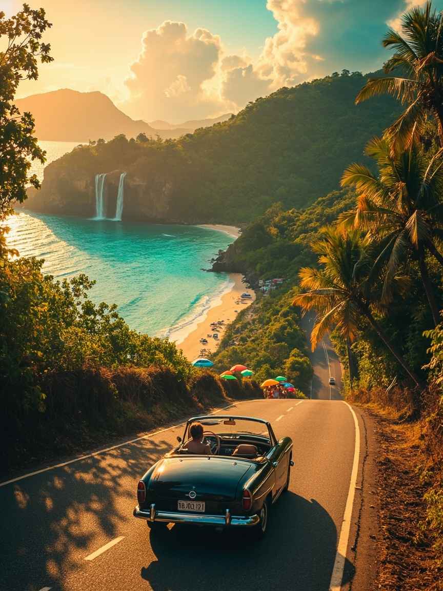 Scenic Grenada road trip with a rental car exploring hidden gems like La Sagesse Beach, Concord Falls, Bathway Beach, and Dougaldston Spice Estate — perfect for travelers driving from Trinidad to Grenada.