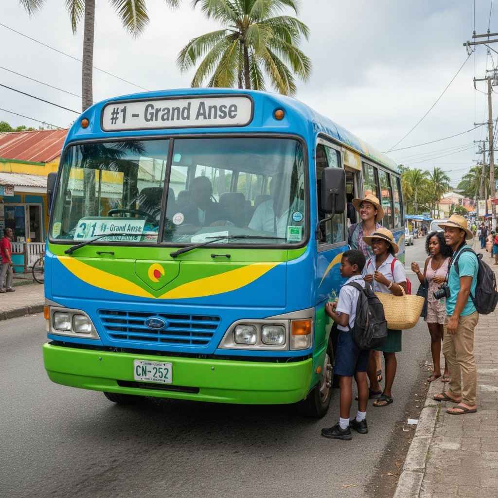 A colorful Grenadian minibus marked ‘#1 Grand Anse’ picking up passengers on a lively street with palm trees and local shops.