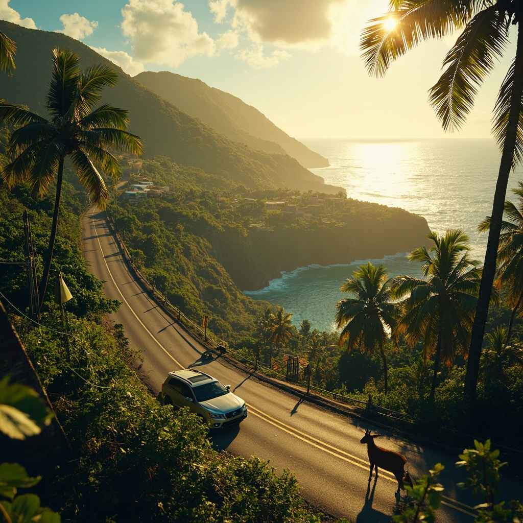 A compact SUV driving on the left side of a winding mountain road in Grenada, surrounded by lush green hills, palm trees, and ocean views, with goats near the roadside — depicting a safe and scenic Grenada car rental adventure.