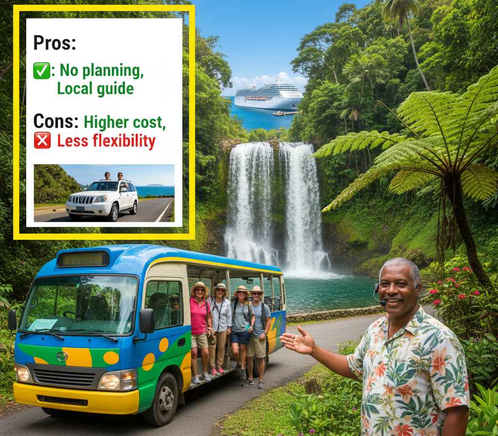 A group of cruise passengers with a local guide stepping off a small tour bus at Annandale Falls in Grenada, surrounded by tropical greenery.