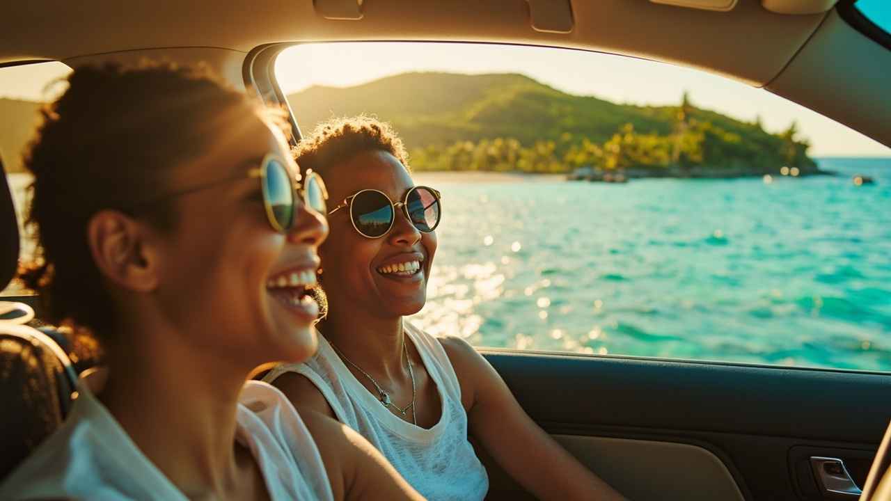 A modern rental SUV driving near La Sagesse Beach in St. David, Grenada, with a smiling Caribbean family clearly visible inside enjoying the scenic coastal drive. The background shows turquoise water, palm trees, and green hills under bright sunlight, representing freedom, comfort, and reliable car rental in St David Grenada with Dove Auto Solutions.