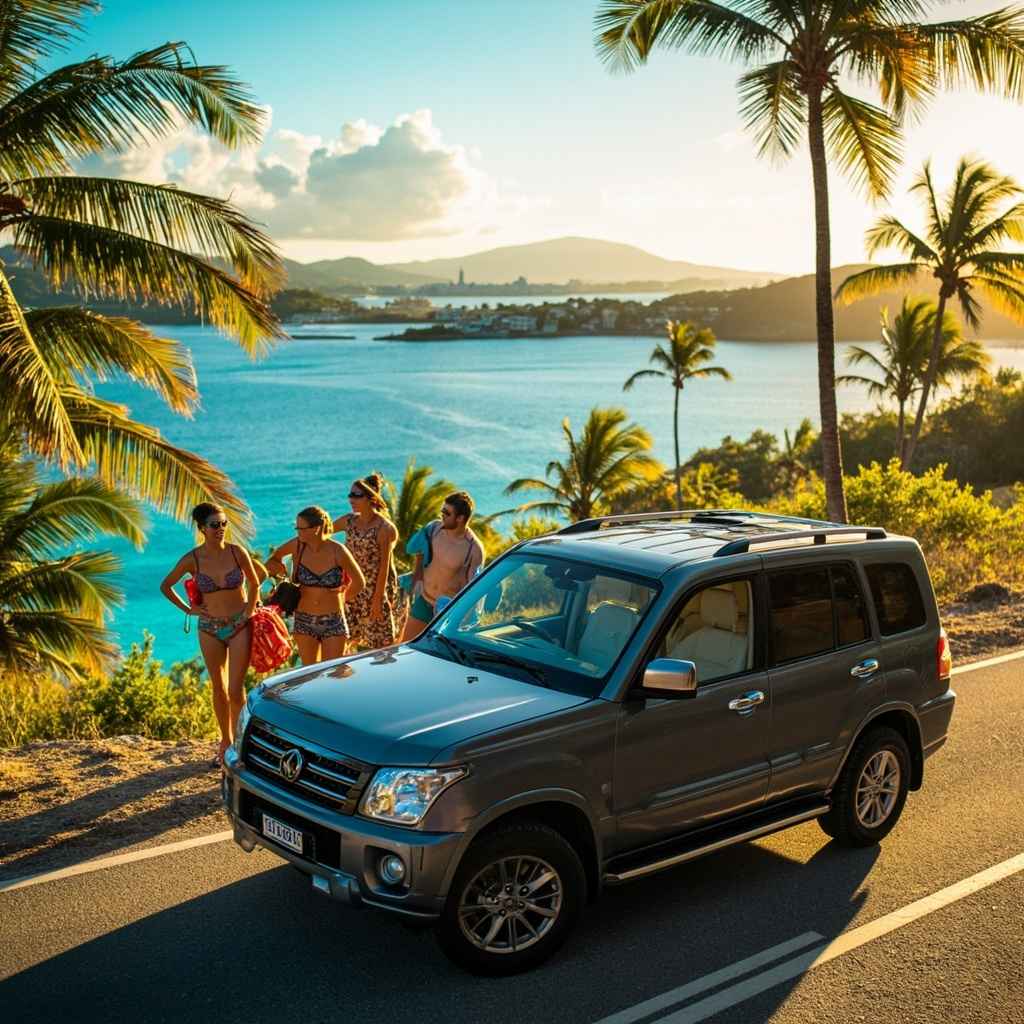 modern SUV parked on a scenic coastal road in Grenada