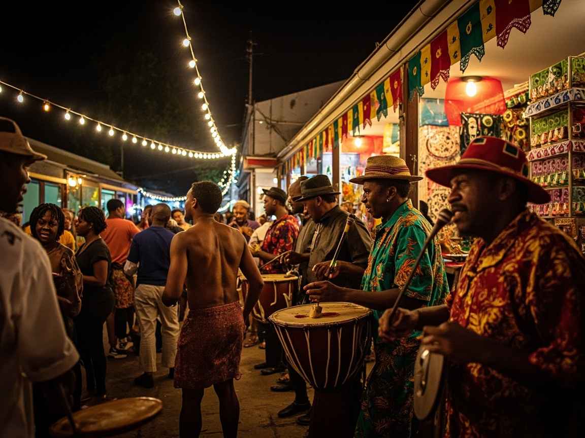 Black Caribbean musicians and families celebrating the Carriacou Parang Festival with music, dancing, and festive island traditions, supported by convenient Grenada festival car rental for travel to the event.