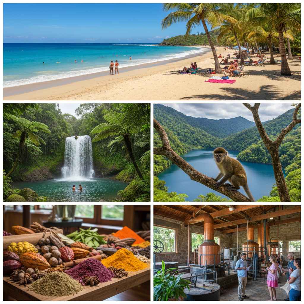 Collage of Grenada attractions: Grand Anse Beach, Annandale Waterfall, Grand Etang National Park, and a spice plantation with rum distillery.