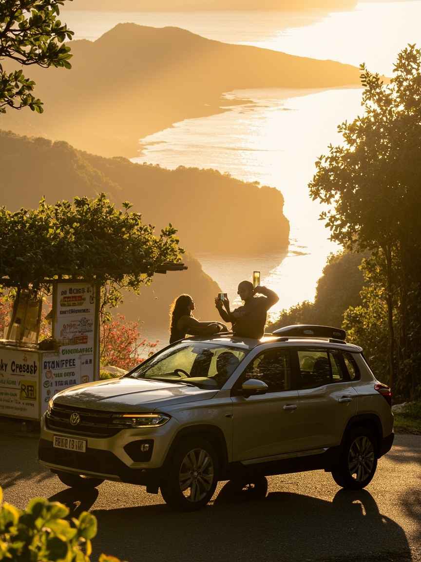 Couple on a romantic car rental Grenada road trip at sunset, parked by a cliffside viewpoint overlooking the Caribbean Sea, surrounded by tropical hills, rainforest mist, and roadside bake stands — capturing love, freedom, and island adventure.