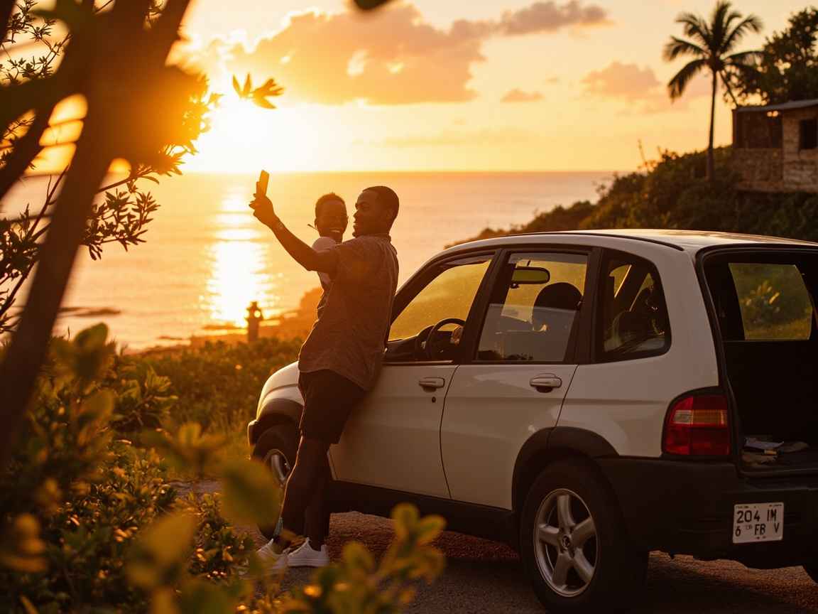 Couple taking cliffside selfies beside their SUV during a romantic car rental Grenada road trip at sunset, with ocean views, tropical trees, and a roadside bake stand nearby — capturing love, spontaneity, and Caribbean travel moments.