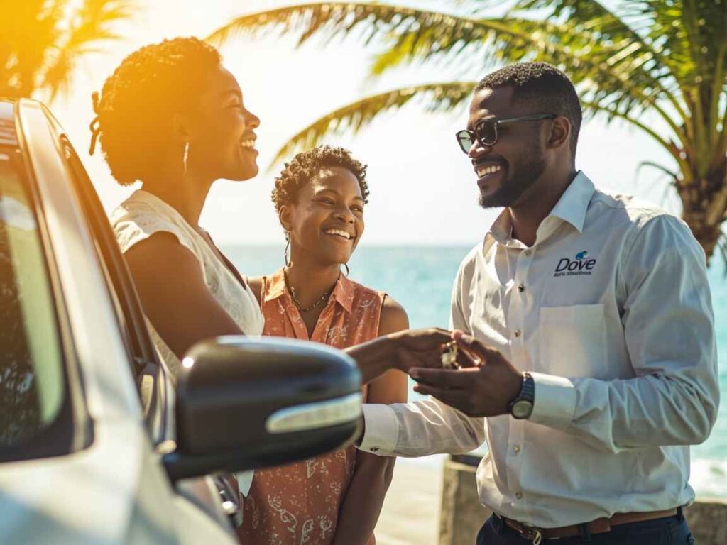 Local couple receiving car keys from Dove Auto Solutions agent beside rental SUV in Saint Andrew Grenada