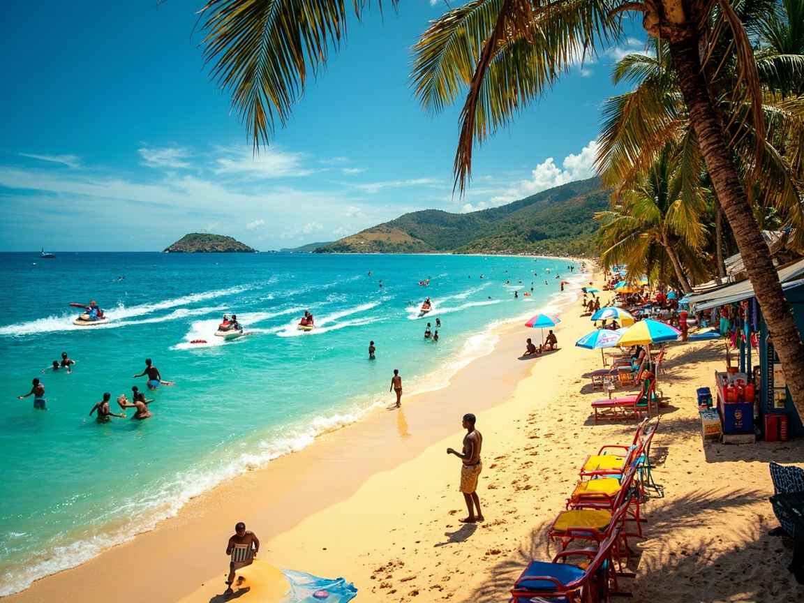 Grand Anse Beach in Grenada with turquoise water, golden sand, and palm trees. Beach chairs and umbrellas are set up along the shore, with tourists relaxing.