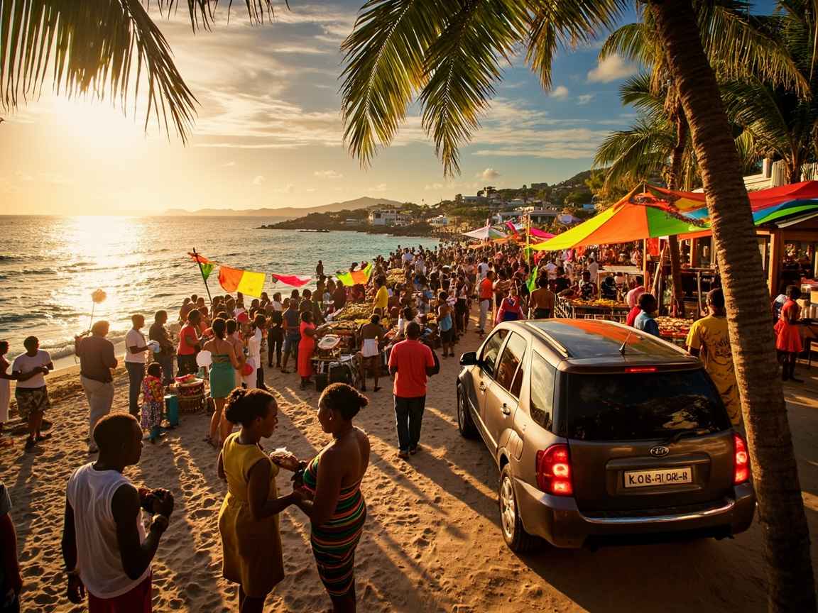 Grenada festival car rental during the Food & Rum Festival — visitors enjoying food stalls and rum tastings with a Dove Auto Solutions rental car nearby.