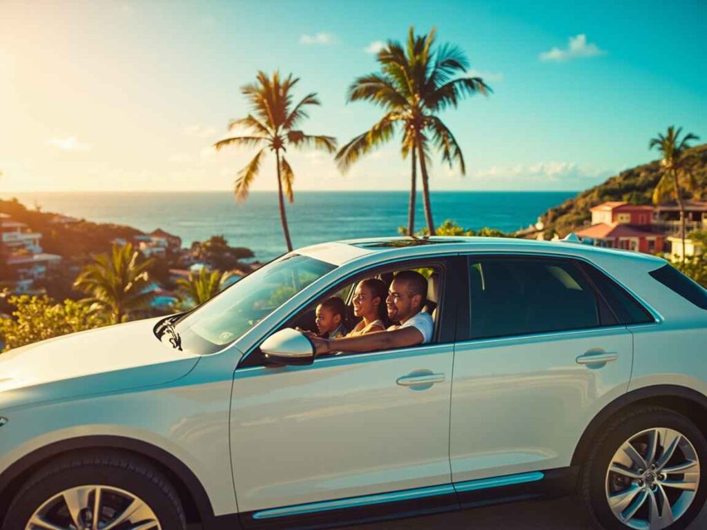 A modern rental SUV driving along the scenic coastline of St. George’s, Grenada, with a happy Caribbean family enjoying their vacation. The image captures turquoise water, palm trees, and colorful waterfront buildings under warm tropical sunlight, symbolizing freedom and comfort with Dove Auto Solutions car rental in St George Grenada.