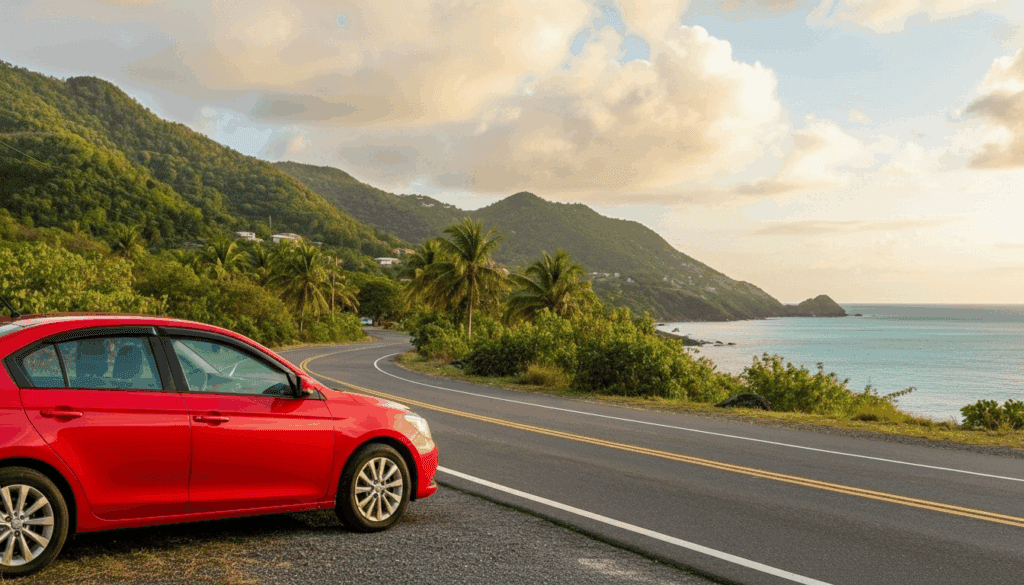 Dove Auto Solutions rental car parked on a scenic coastal road in St John, Grenada, symbolizing trust and reliability.