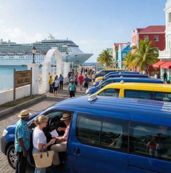 Licensed taxis lined up outside the St. George’s cruise terminal in Grenada, with drivers waiting for passengers and a cruise ship in the background.