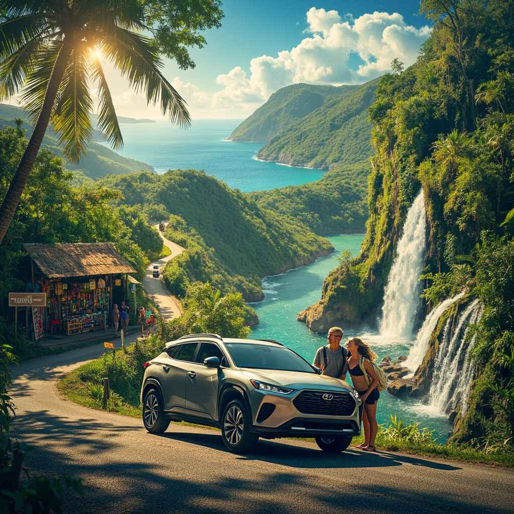 Travelers in Grenada exploring waterfalls and mountain roads with a rental SUV, surrounded by lush rainforest and ocean views — representing the adventure of a Grenada waterfall car rental road trip.