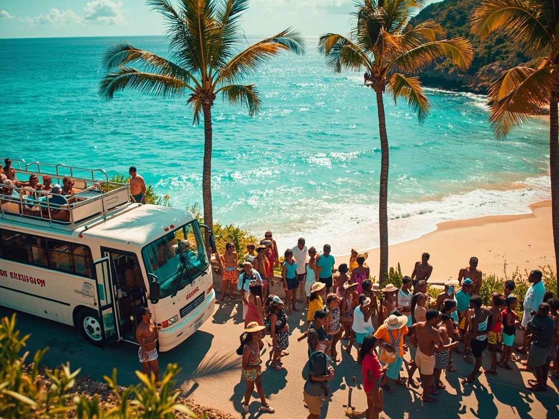 a small tour bus with ‘Shore Excursion’ signage, parked near Grand Anse Beach in Grenada.