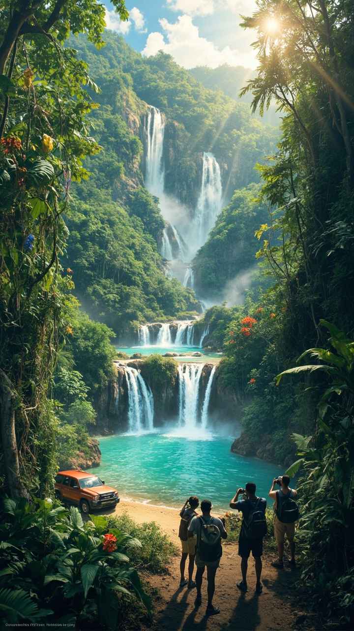 A lush tropical rainforest scene in Grenada featuring multiple waterfalls, clear blue pools, and a small SUV parked nearby — representing adventure and exploration with a Grenada waterfall car rental.