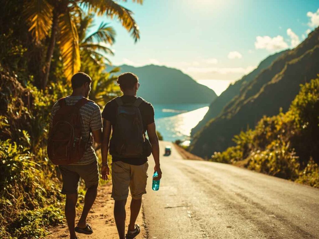 two Black Caribbean cruise passengers walking along a narrow roadside in Grenada under bright Caribbean sun.