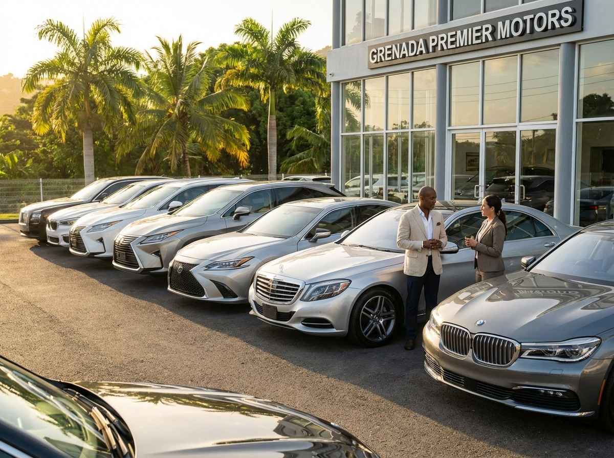 Luxury car rental in St Patrick Grenada with Mercedes-Benz, Lexus, Toyota Crown, and BMW vehicles displayed in a polished, high-end setting.