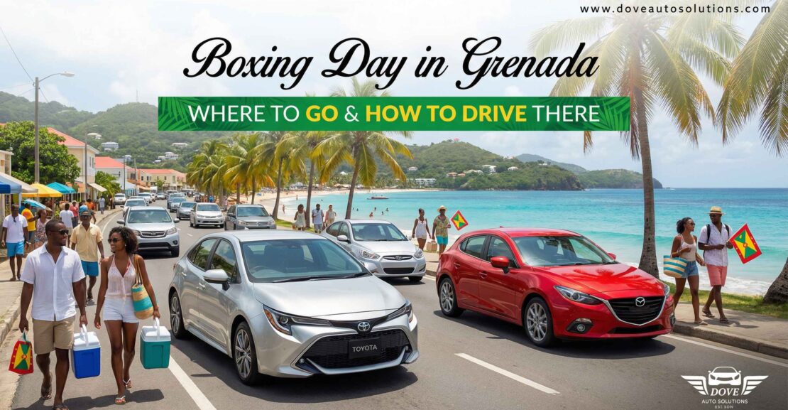 Boxing Day in Grenada with locals and visitors driving along Grand Anse Beach, showing rental cars on a coastal road as people head to beach limes and holiday outings.