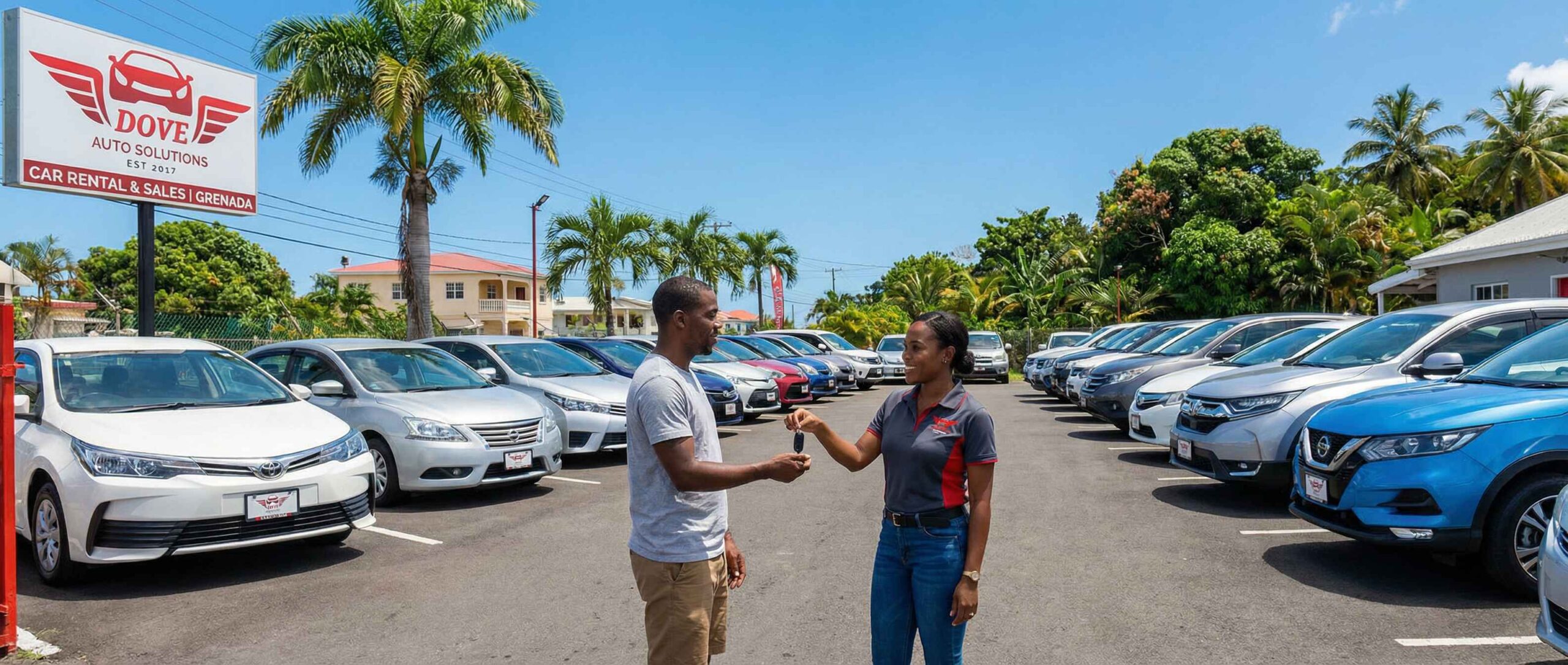 A trustworthy and modern car rental and sales scene in Grenada. Clean compact cars, sedans, and SUVs lined up neatly. A friendly Dove Auto Solutions staff member greeting a returning customer, smiling and handing over keys. Subtle “Dove Auto Solutions” branding on a sign or shirt. Bright Caribbean sunlight, clear sky, palm trees, and a relaxed, professional atmosphere showing reliability, transparency, and great service.