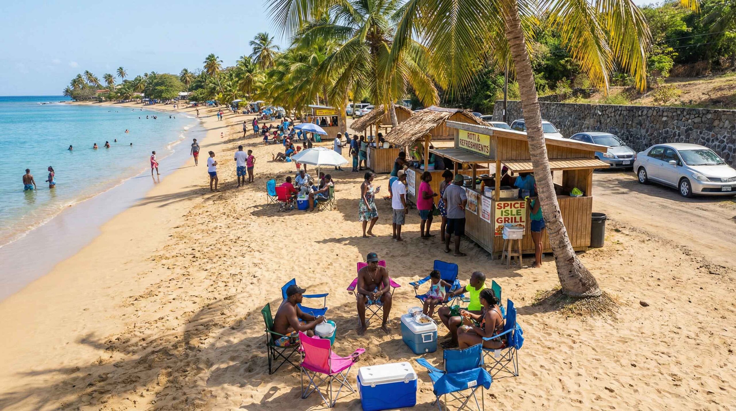 Boxing Day in Grenada at Grand Anse and nearby beaches, showing families arriving early, calm waters, and relaxed beach limes.