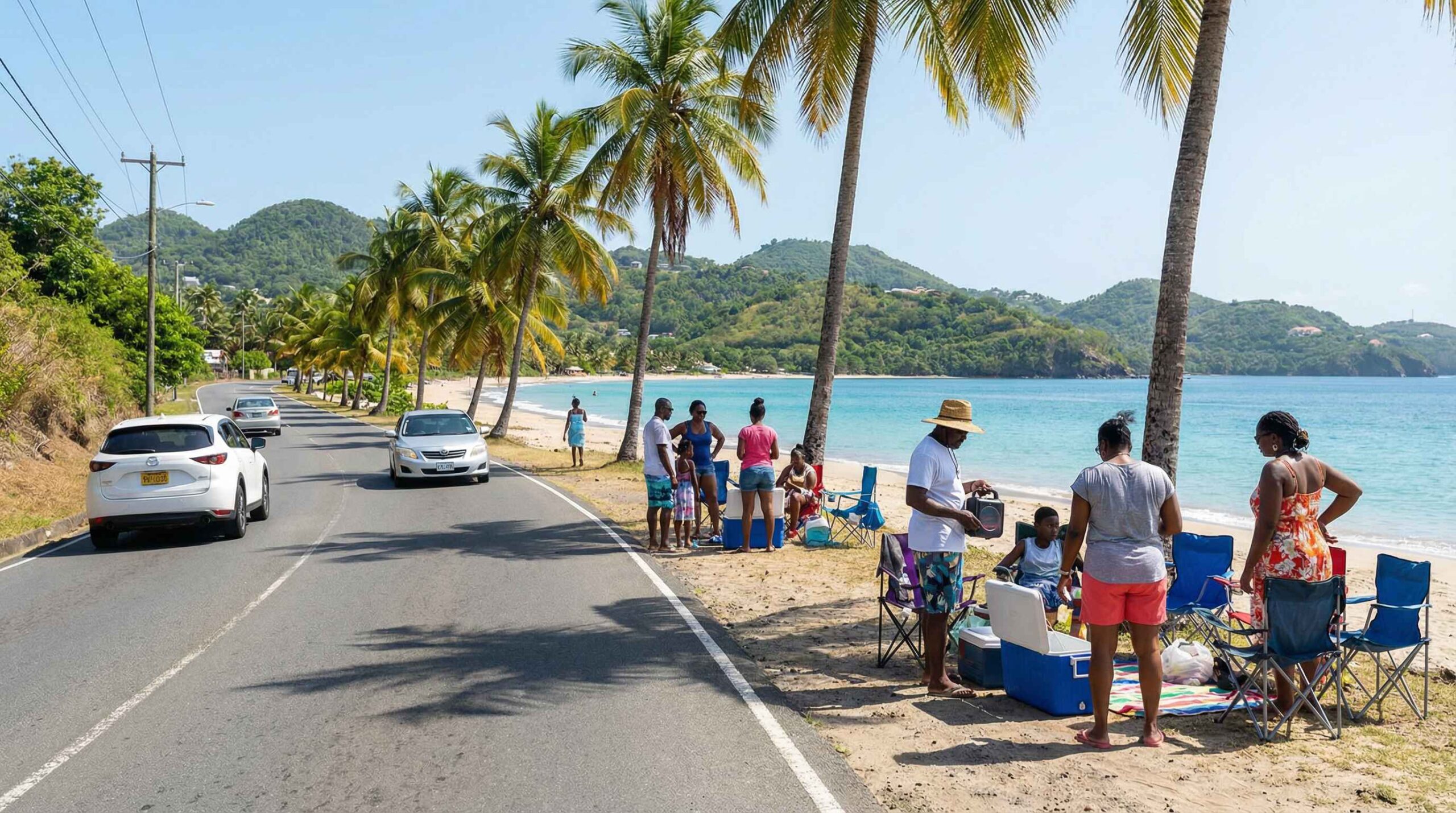 Boxing Day in Grenada showing light traffic, families gathering at the beach, and a calm island atmosphere with locals enjoying beach limes and music.