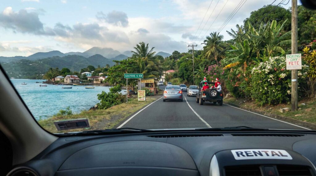 Boxing Day in Grenada showing a quiet coastal drive and rainforest route with light traffic and scenic island views.