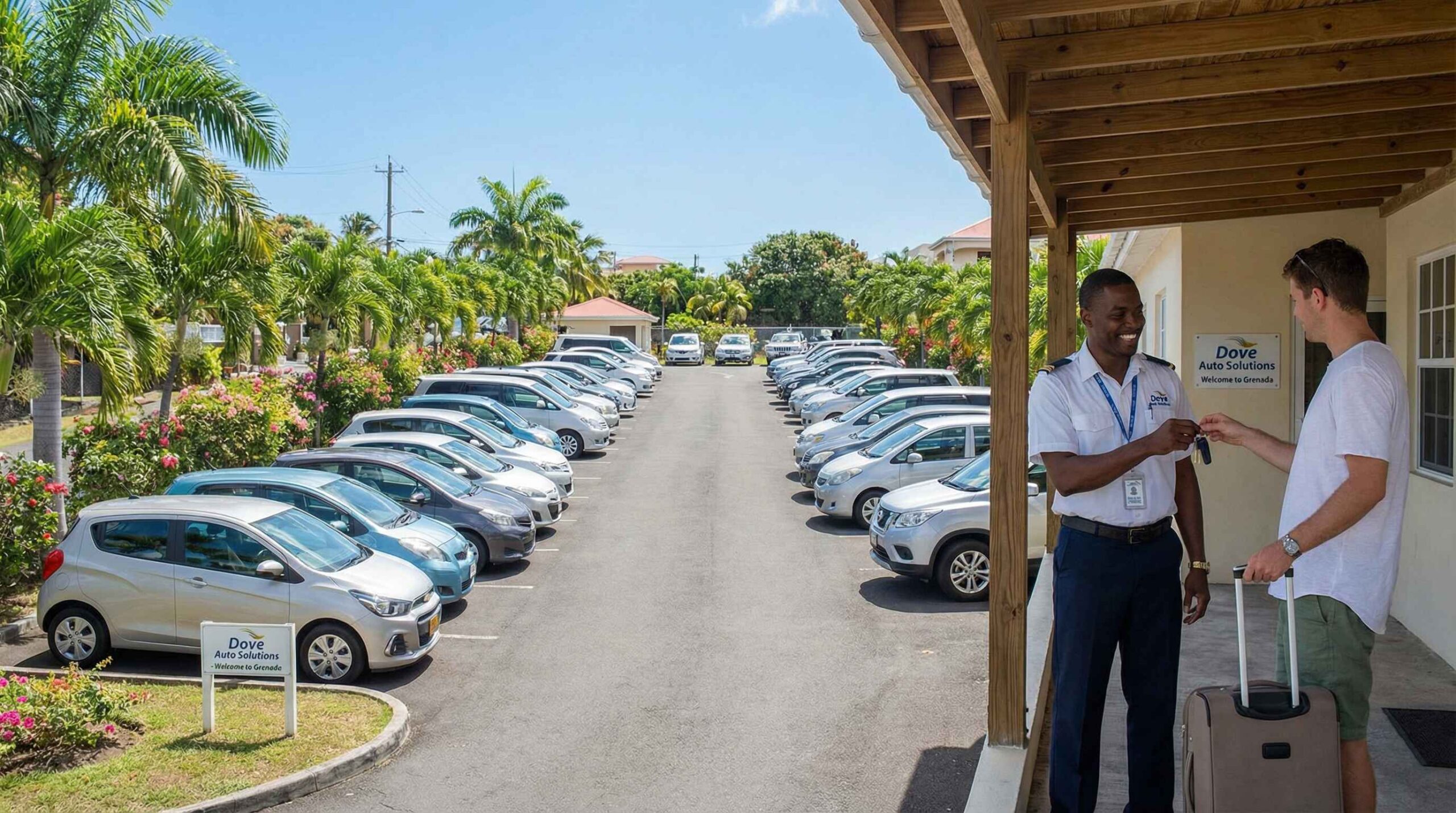 Car rental in St Patrick Grenada showing a clean lot with compact cars, sedans, SUVs, and vans, plus a friendly agent handing keys to a traveler.