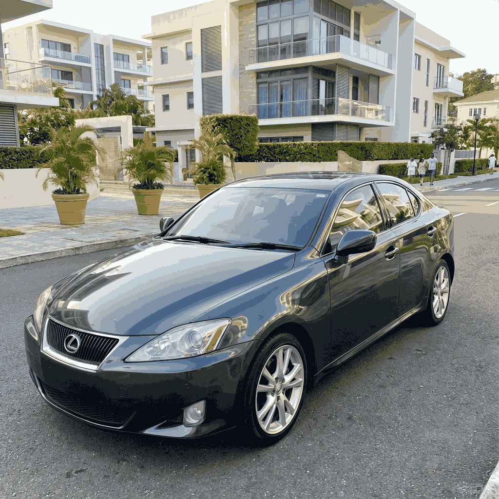 Black Lexus IS250 parked in a modern residential area in Grenada, offering luxury and performance as one of the best used cars to buy in Grenada.