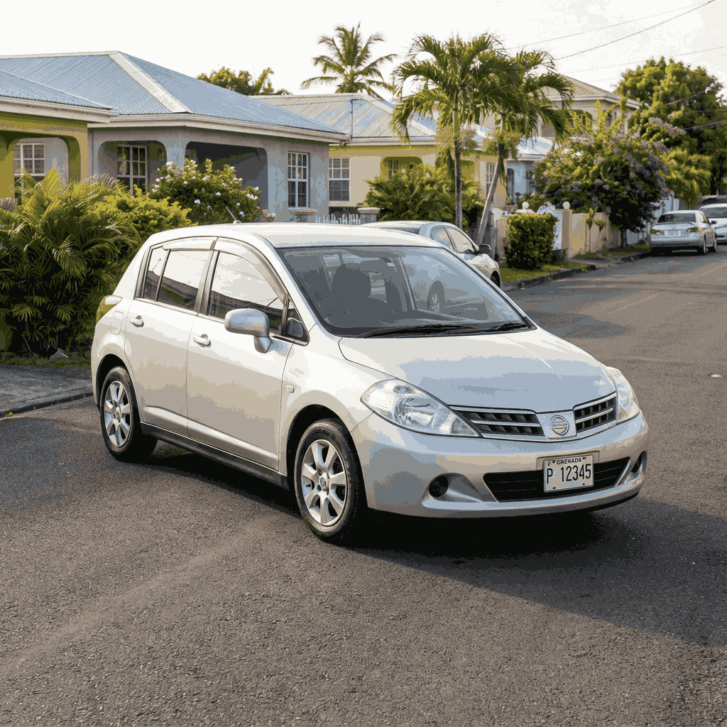 Silver Nissan Tiida hatchback parked along a residential road in Grenada surrounded by tropical homes and greenery.