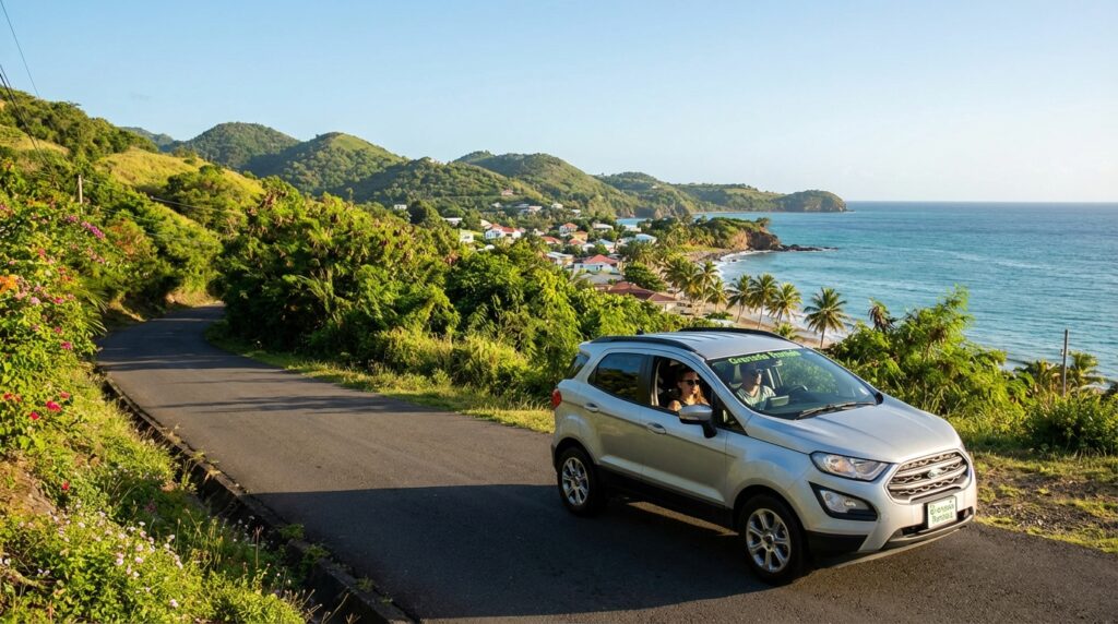 Rental car driving along a scenic coastal road in Grenada, with lush greenery and the ocean in the background, highlighting the freedom to explore the island's beaches, natural beauty, and charming towns.