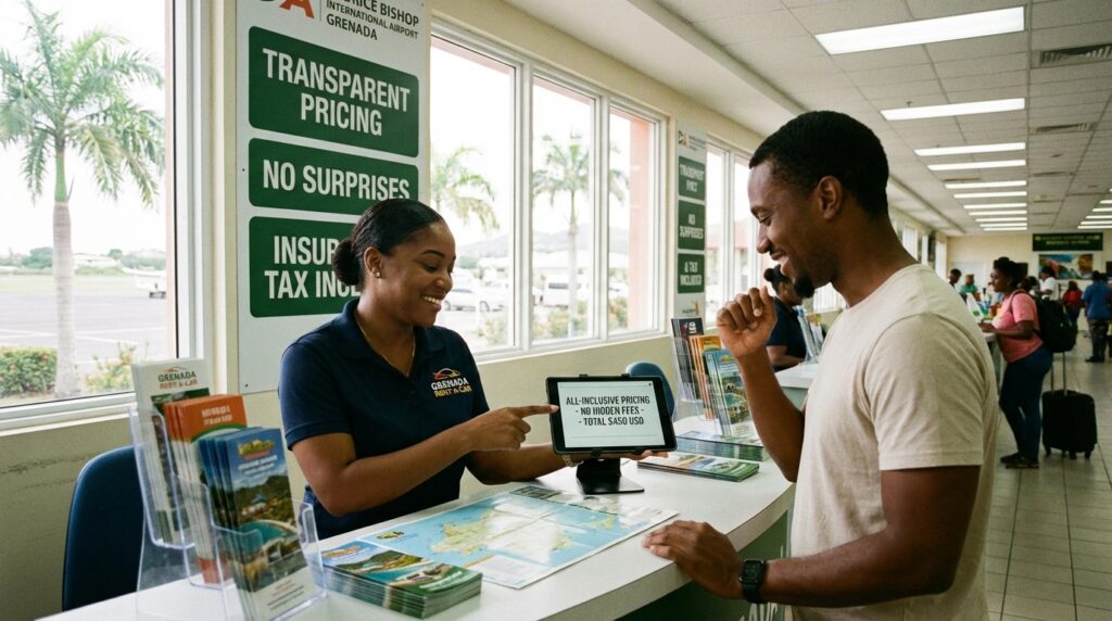 Car rental desk at Maurice Bishop International Airport, showing clear, upfront pricing with no hidden fees or unexpected costs.