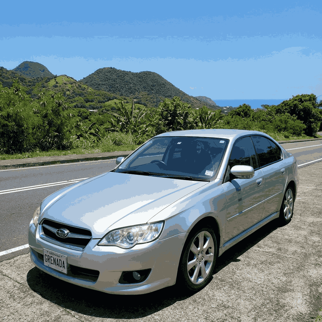 Silver Subaru Legacy parked along a scenic hillside road in Grenada with green mountains and ocean views, known as one of the best used cars to buy in Grenada for comfort and safety.