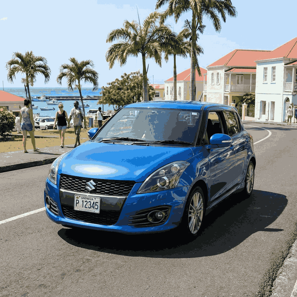 Blue Suzuki Swift driving along a coastal road in Grenada with palm trees, waterfront views, and historic buildings.